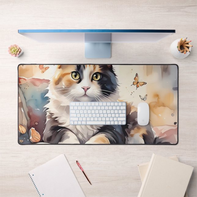 Chat calicot aquarelle fantaisiste et papillons (Bureau 1)