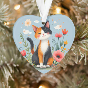 Chat calicot souriant dans un jardin en fleurs