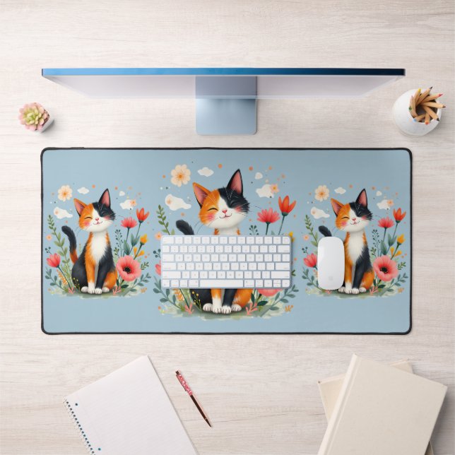 Chat calicot souriant dans un jardin fleuri (Bureau 1)