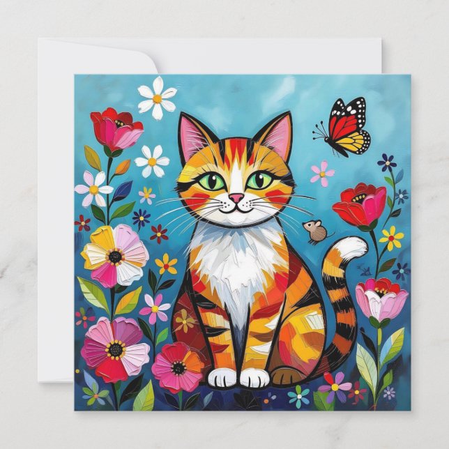 Chat Coloré, Fleurs et Papillon  (Devant)