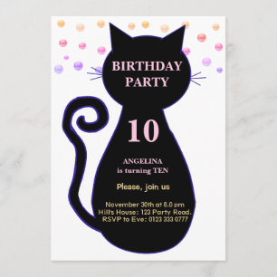 Chat & Confetti multicolore Invitation d'anniversa