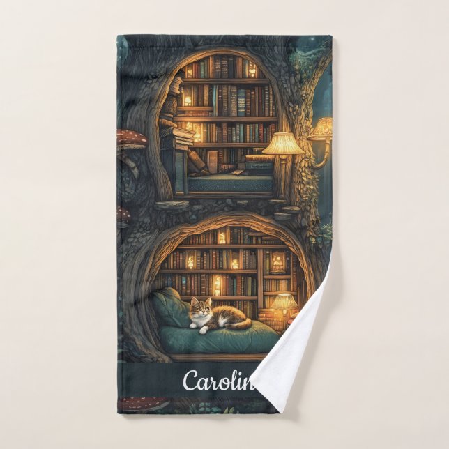 Chat confortable dans une bibliothèque Magique Tre (Serviette à main)