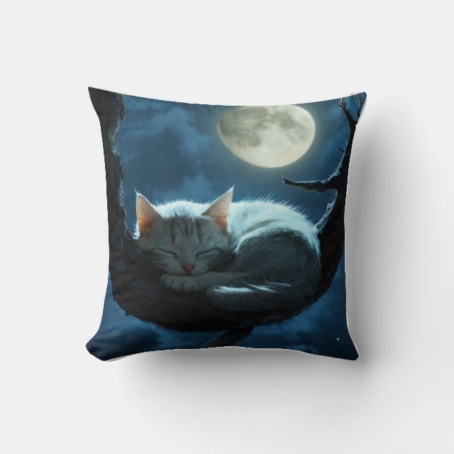 "Chat confortable en Pleine lune Coussin de nuit - (Recto)