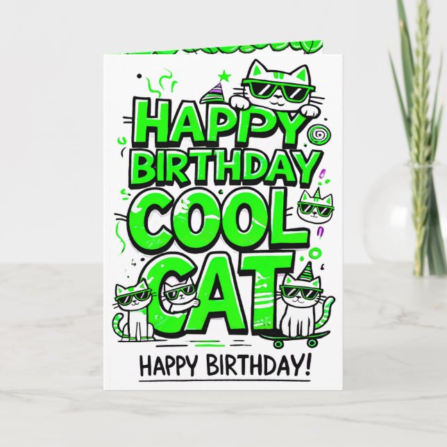 Chat cool avec carte d'anniversaire aux tons verts (Devant)