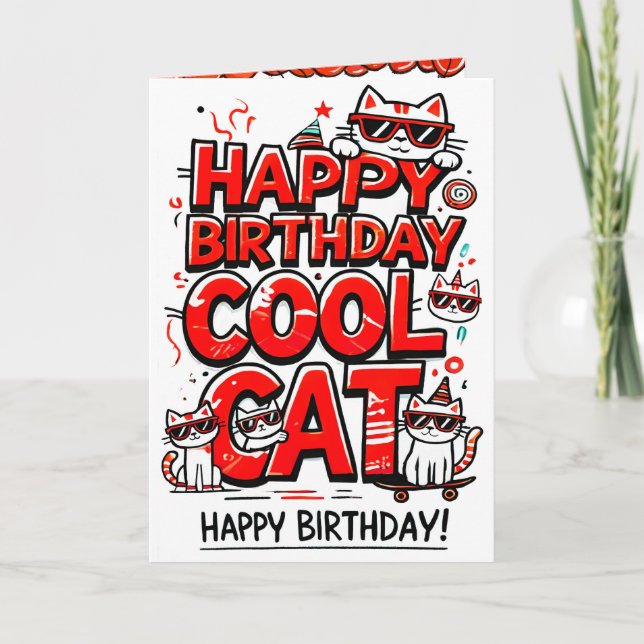 Chat cool avec carte d'anniversaire Red Shades (Devant)