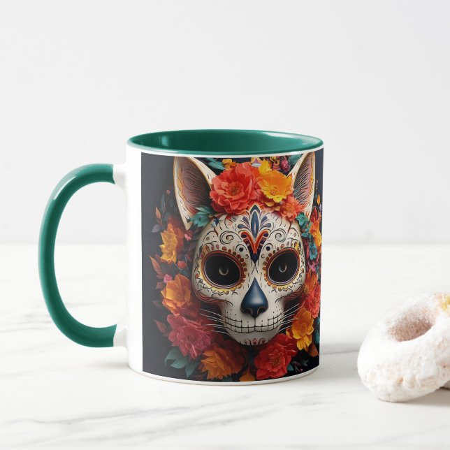 Chat crâne sucre avec Mug Fleurs (Avec donut)