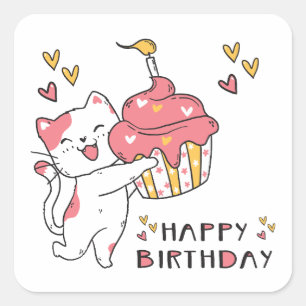 Chat Cute Kawaii avec Sticker Carré de cupcake
