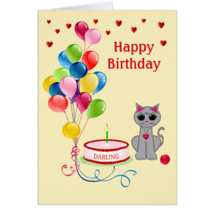 Chat d'anniversaire, cœurs et ballons multicolores