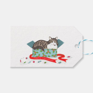 Chat dans une boîte étiquettes cadeaux de Noël
