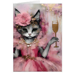 Chat dans une robe rose avec un verre d'or