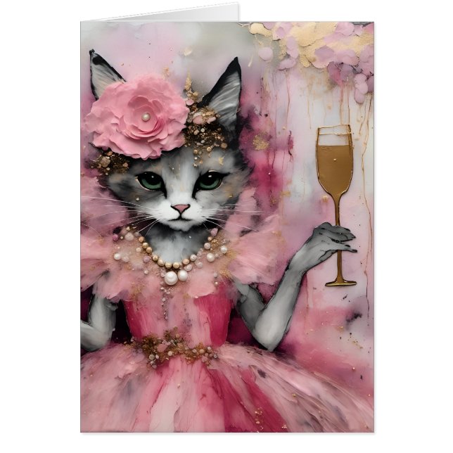 Chat dans une robe rose avec un verre d'or (Devant)