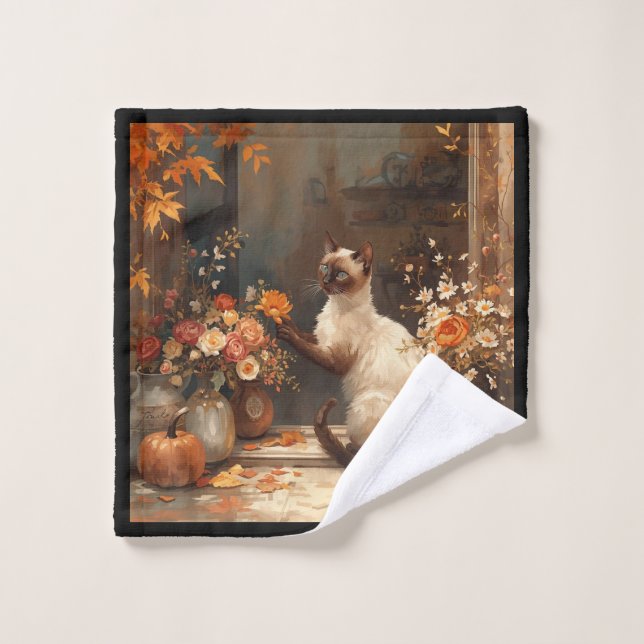 Chat d'automne avec fleurs pour Thanksgiving (Gant de toilette)