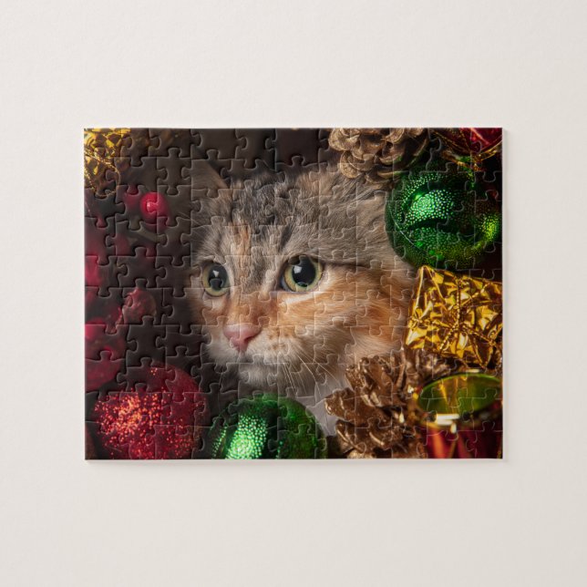 Chat de couronne de Noël (110 pièces) Puzzle de mâ (Horizontal)