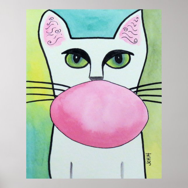 Chat de gomme à bulle en vert Poster d'art origina (Devant)