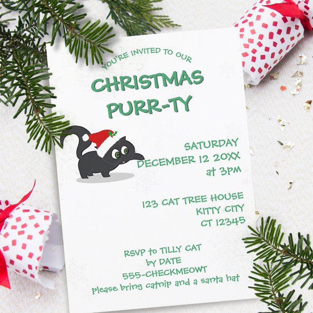 Chat de Noël Purr ty Fête Invitation (Christmas Purrty at your house? Here's your invitation to send. Just add your party details)