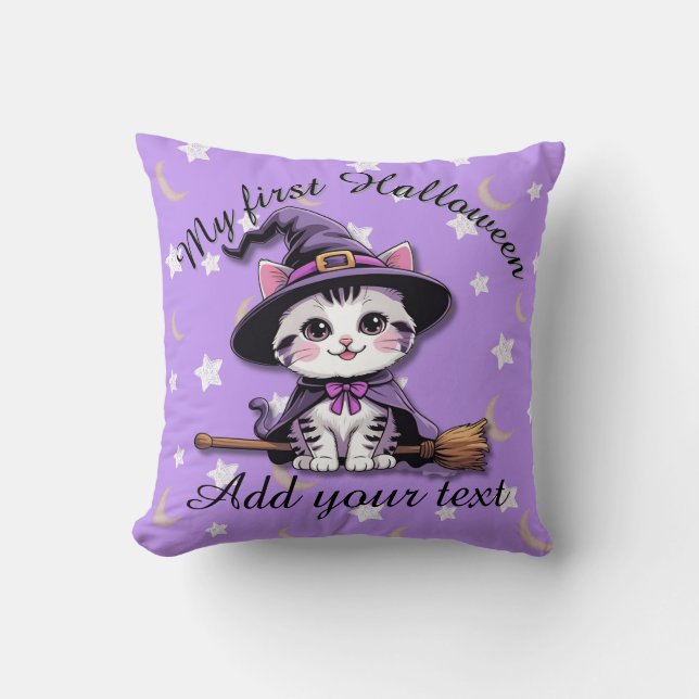 Chat de sorcière Kawaii – Coussin de jet Halloween (Recto)