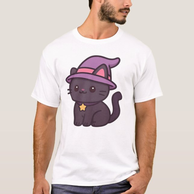 Chat de sorcière Kawaii en chapeau violet T-Shirt  (Devant)