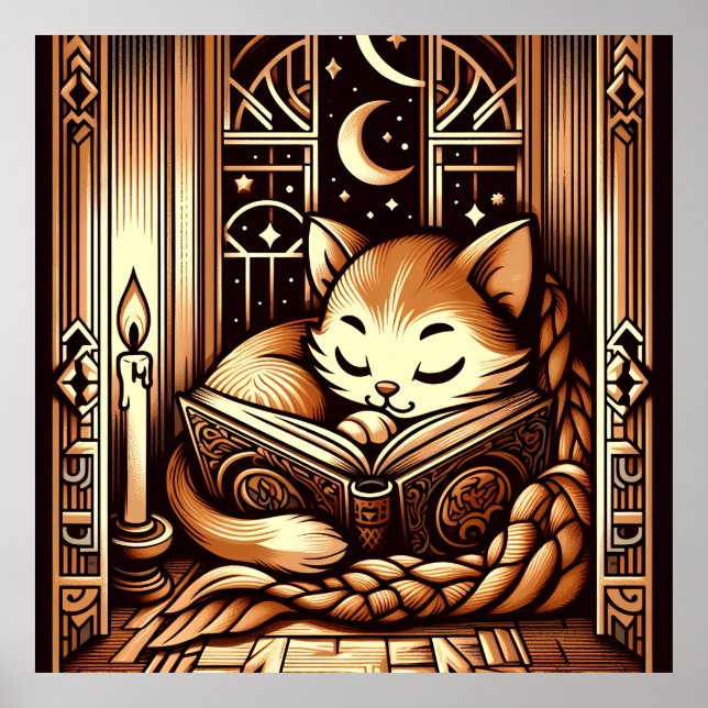 Chat de style Art Déco dormant avec un livre (Devant)