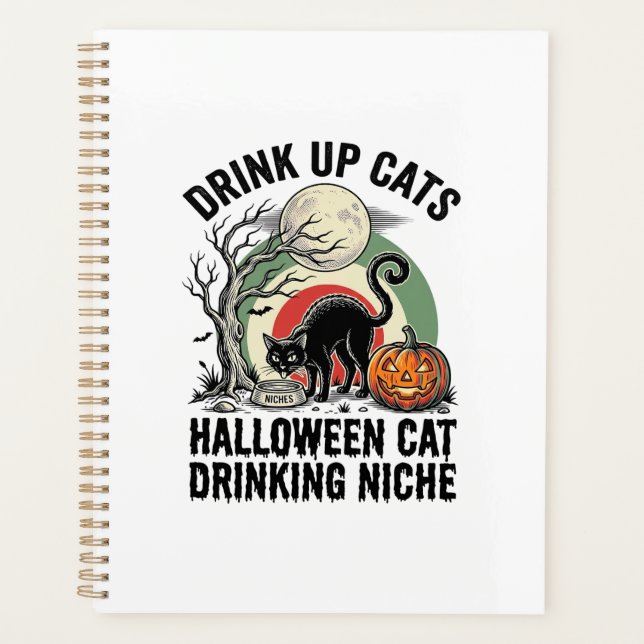 Chat d'Halloween buvant un T-shirt de fête de la L (Devant)
