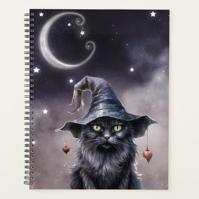 Chat d'Halloween noir portant un Casquette de sorc (Devant)