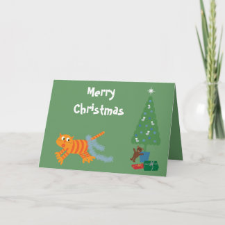 Chat Drôle Avec Tinsel Sur La Queue Carte De Noël