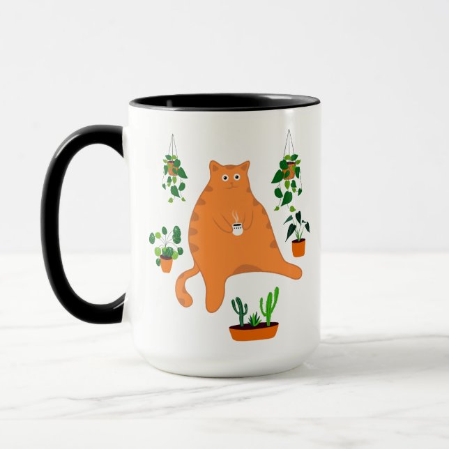 Chat Drôle Boire Mug De Café, Chat Avec Plantes (Gauche)