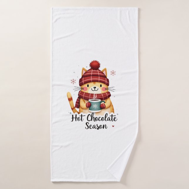 Chat Drôle Chocolat Chaud Saison Joyeux Noël Maman (Serviette de bain)