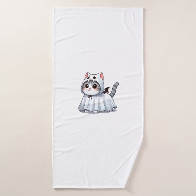 Chat en costume fantôme pour Halloween (Serviette de bain)