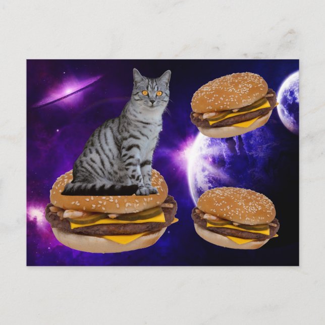 CHAT EN ESPACE AVEC CARTE POSTALE CHEESEBURGERS (Devant)
