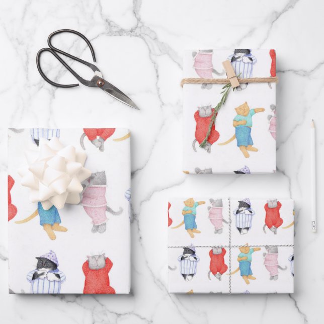 CHAT EN PYJAMA Papier d'emballage pour drap plat (Recto)