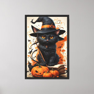 Chat en sorcière et Citrouille en toile encadrée