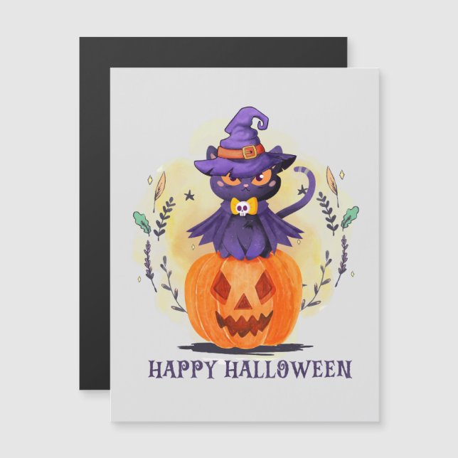 Chat en sorcière violette sur Citrouille - Hallowe (Devant / Derrière)