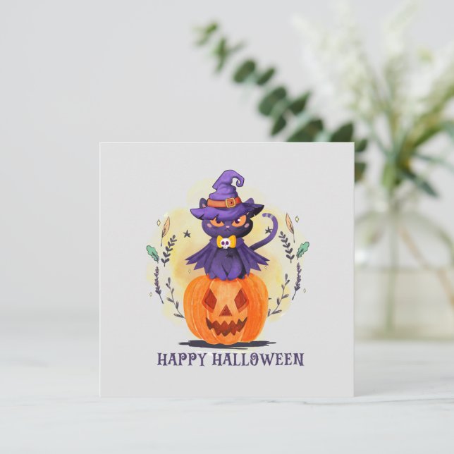 Chat en sorcière violette sur Citrouille - Hallowe (Debout devant)