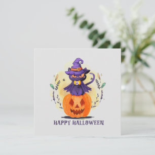 Chat en sorcière violette sur Citrouille - Hallowe