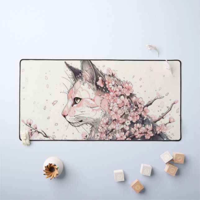chat esthétique et fleurs roses (Tableau pour enfants)