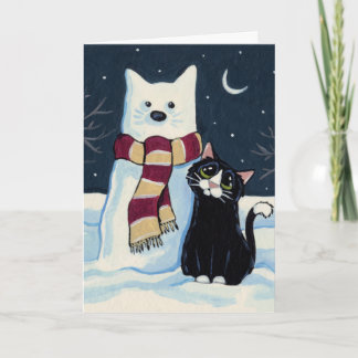 Chat et Chat de neige la nuit Carte de Noël