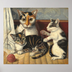 Chat et Chatons - Affiche d'art fin américain