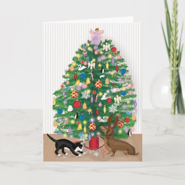 Chat et dachshund sous la carte sapin de Noël (Devant)
