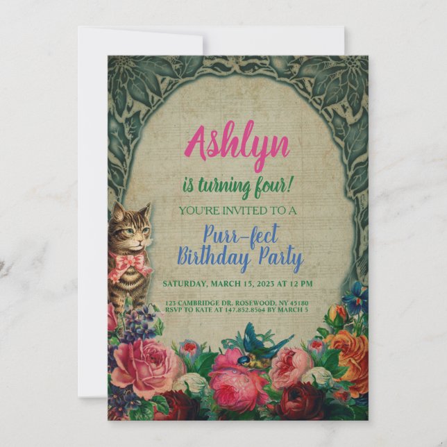 Chat et fleurs Invitation Vintage (Devant)