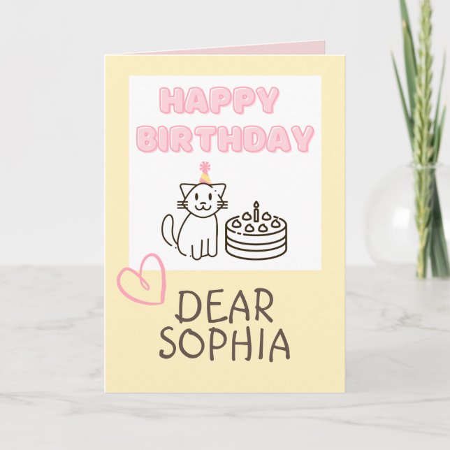Chat et gâteau Jaune Chaleureux Carte d'anniversai (Devant)