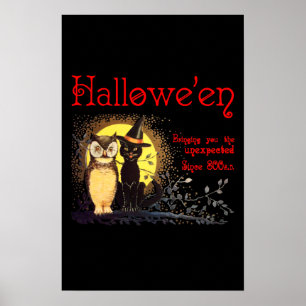 Chat et hibou sur une affiche vintage Halloween