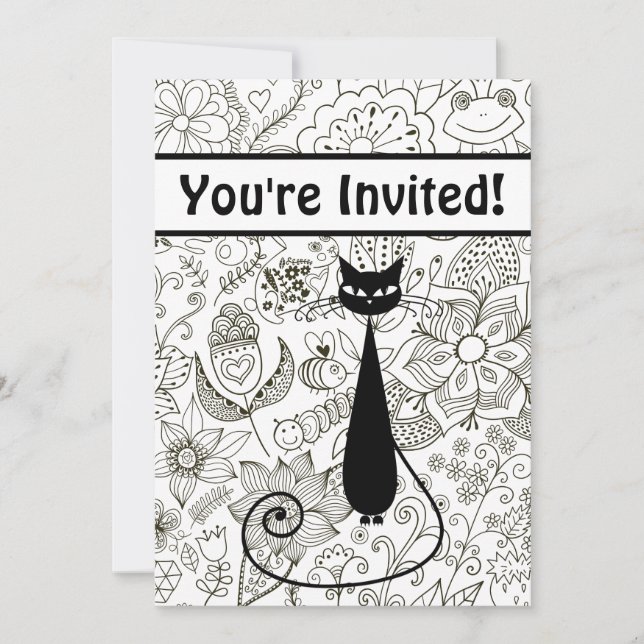 Chat et jardin noir et blanc Invitation d'annivers (Devant)