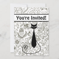 Chat et jardin noir et blanc Invitation d'annivers