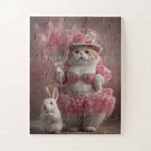 Chat et lapin de fille rose - Puzzle mignon
