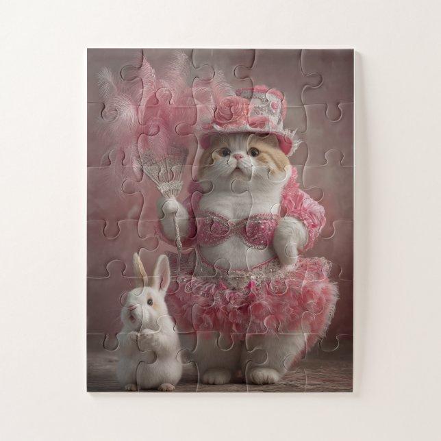 Chat et lapin de fille rose - Puzzle mignon (Vertical)