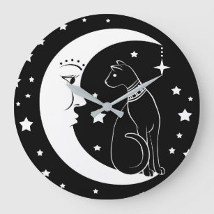 Chat Et Lune Mystique B&W Mur Horloge