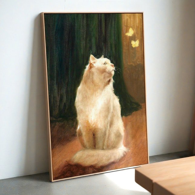 Chat et papillons – Élégant art mural vintage (Cat and butterflies)