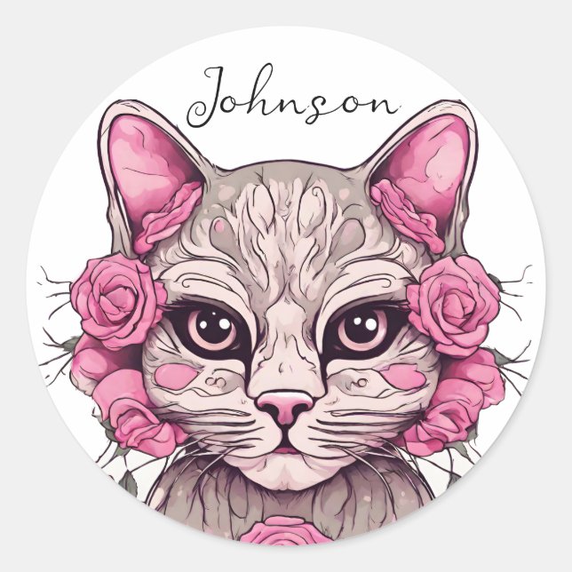Chat et rose Roses Sticker Enveloppe Sceau Floral (Devant)