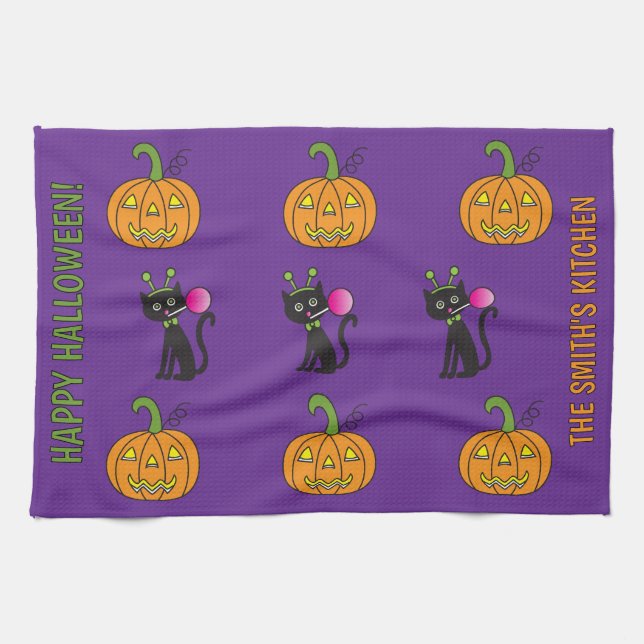 Chat Et Serviette De Cuisine Jack-O-Lantern (Horizontal)