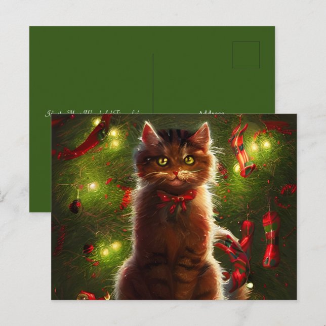 Chat Et Un Arbre De Noël Carte Postale (Devant / Derrière)